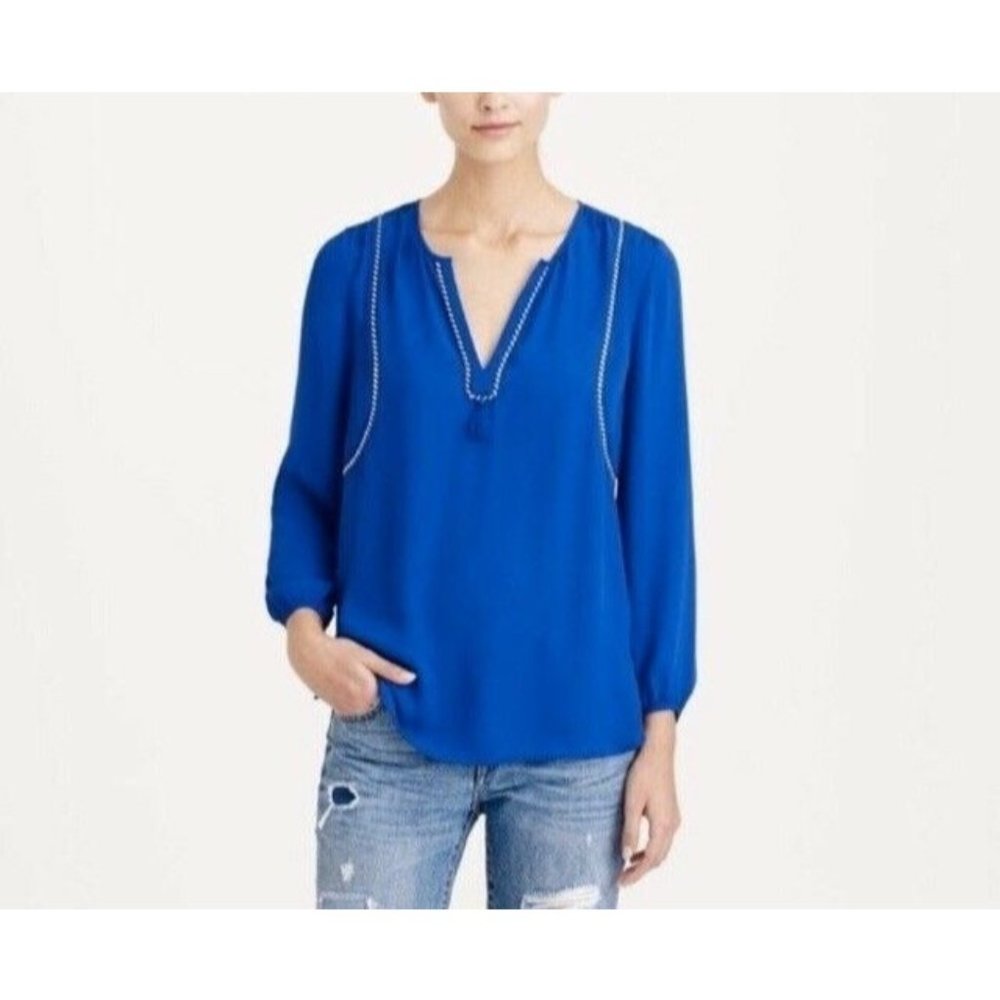 J.Crew Womens Blue V-Neck Cobalt Tassel Trim Roping Crepe Blouse Size 8